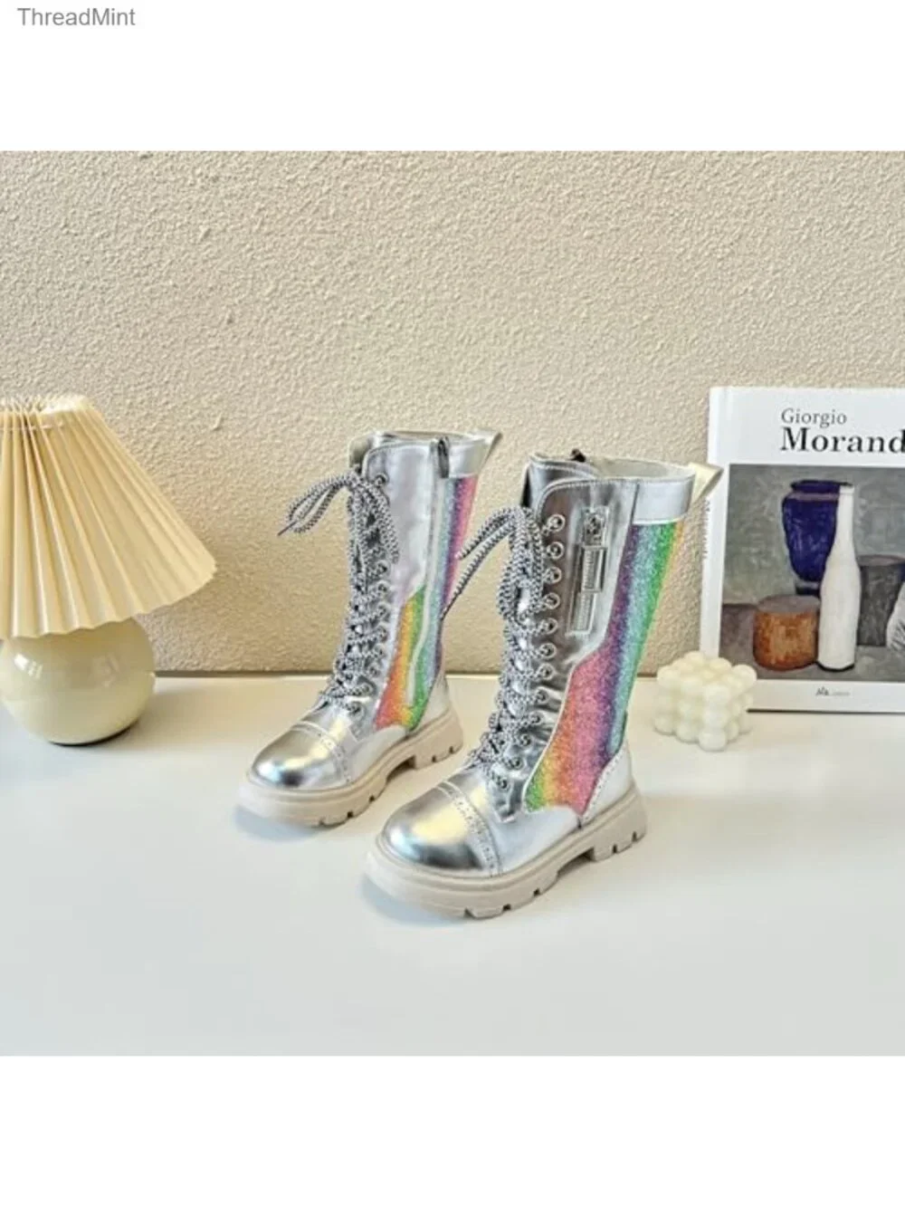 Girls Faux Leather Knee High Combat Boots Sparkly Rainbow Winter Lace Up Side